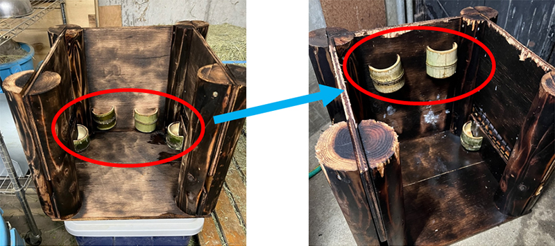 変更前：竹皿を下のほうに設置　　　　　　　　　　　　　　　　　　　　　　　　　　　　変更後：竹皿を高い位置に付け直した