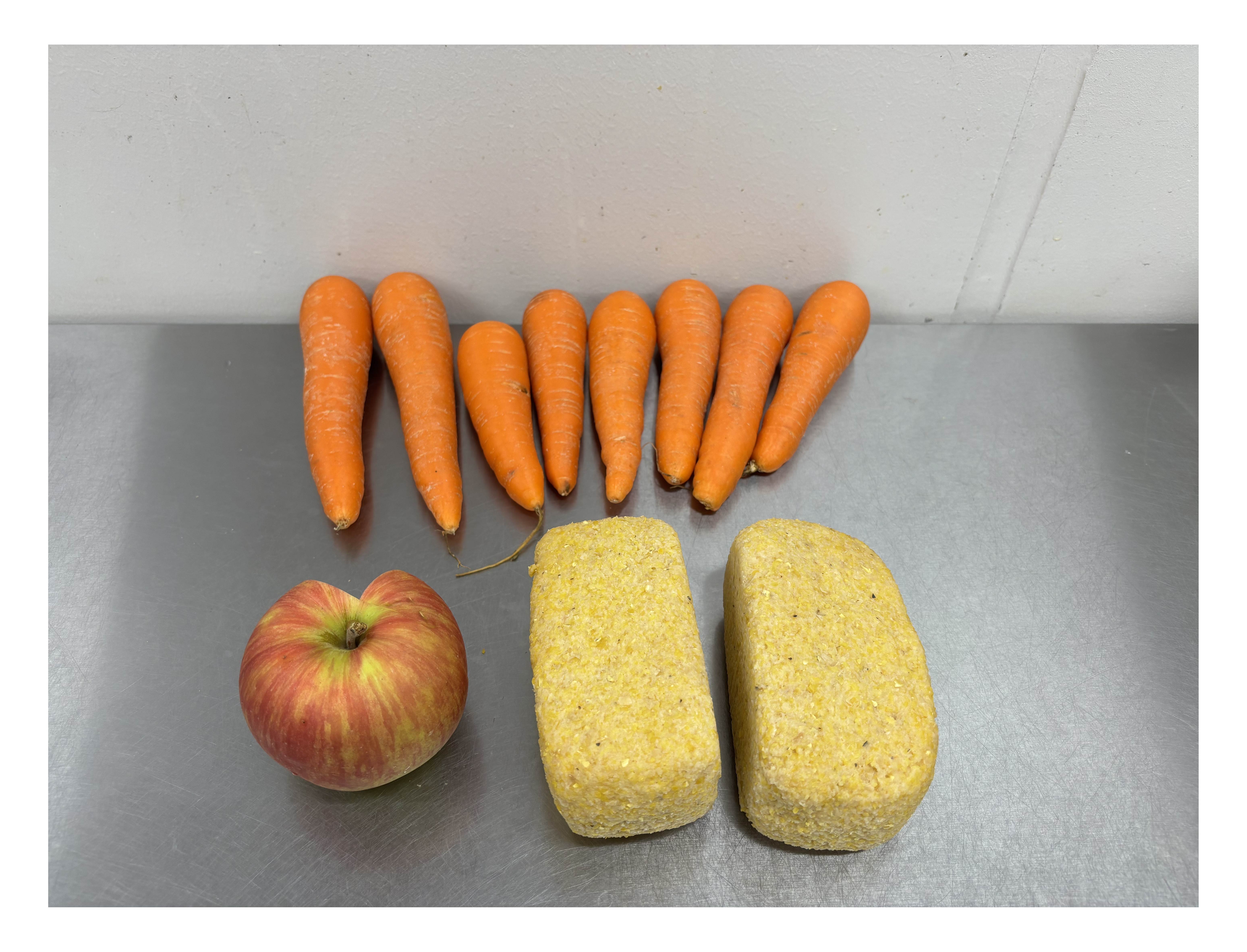 動物園で与えている副食（ニンジン・リンゴ・パンダ団子）