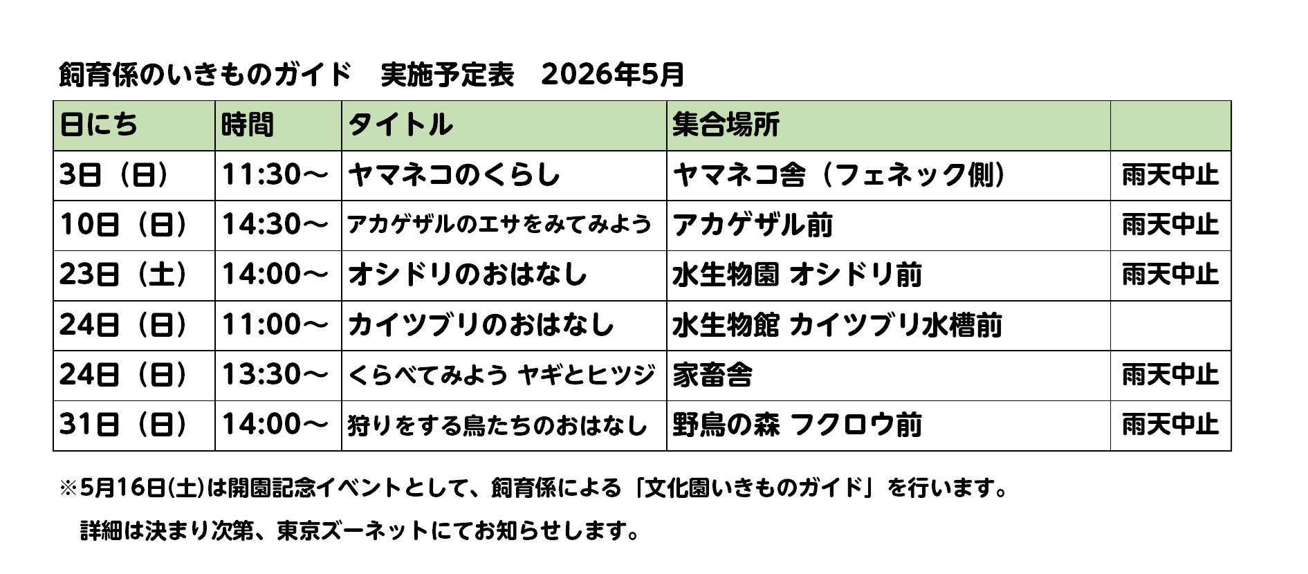 いきものガイドの実施予定表  日にち、時間、ガイドのタイトル、集合場所、雨天中止の可否　が記載されている。  3日（日）11:30～ ヤマネコのくらし ヤマネコ舎（フェネック側）	雨天中止 10日（日）14:30～ アカゲザルのエサをみてみよう アカゲザル前 雨天中止 23日（土）14:00～ オシドリのおはなし	水生物園 オシドリ前 雨天中止 24日（日）11:00～ カイツブリのおはなし 水生物館 カイツブリ水槽前 雨天決行	 24日（日）13:30～ くらべてみよう ヤギとヒツジ 家畜舎 雨天中止 31日（日）14:00～ 狩りをする鳥たちのおはなし 野鳥の森 フクロウ前 雨天中止  ※5月16日(土)は開園記念イベントとして、飼育係による「文化園いきものガイド」を行います。詳細は決まり次第、東京ズーネットにてお知らせします。