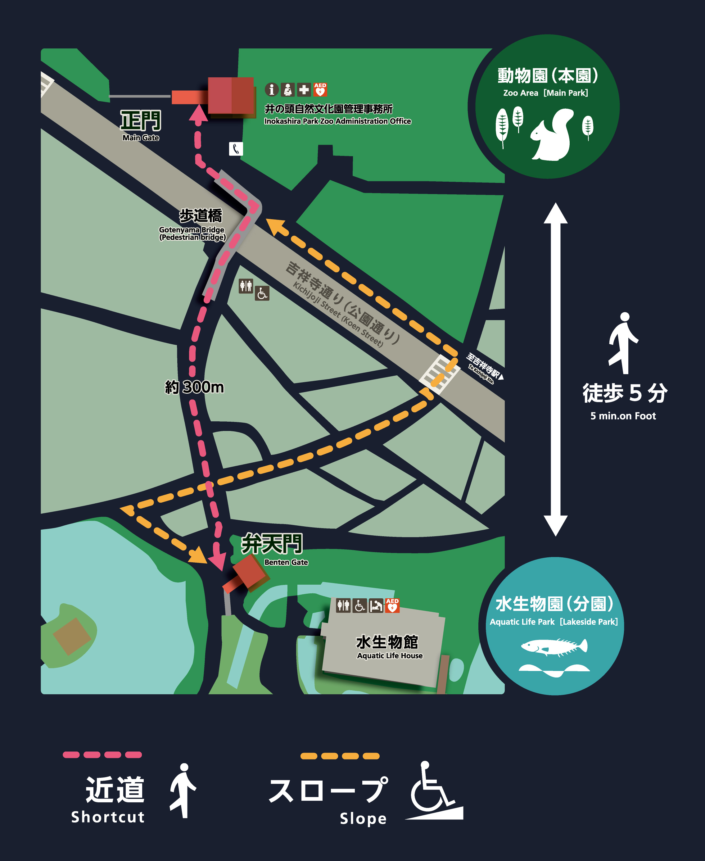 動物園と水生物園との間のルート案内図