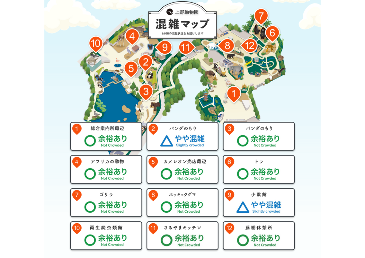 混雑マップの表示例。園内12か所の混雑状況をそれぞれ3段階で示している。