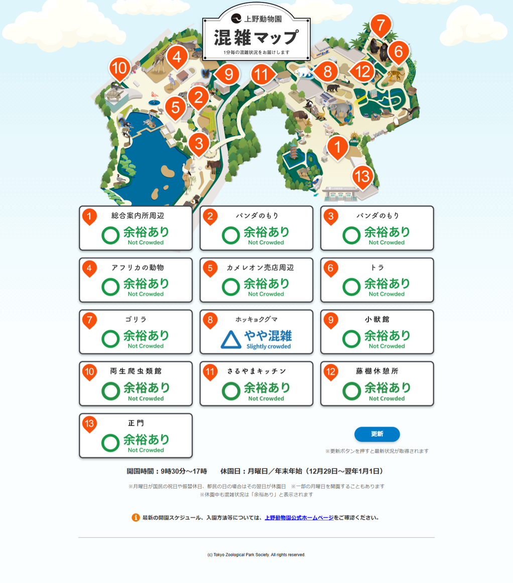 混雑マップの表示例。園内13か所の混雑状況をそれぞれ3段階で示している。