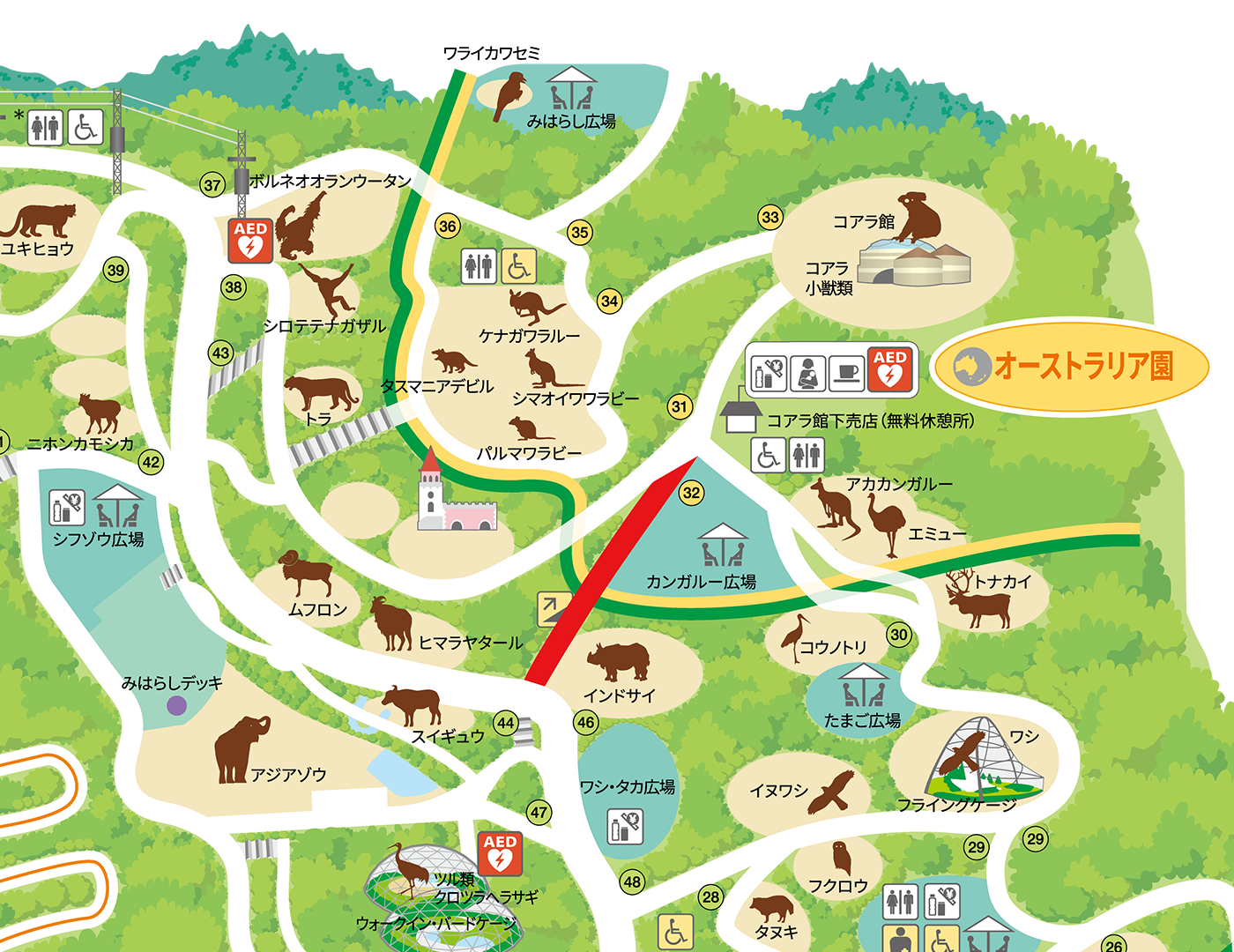 多摩動物公園の園内マップ。インドサイのいる場所の脇からコアラ館に登っていく通路が通行止め