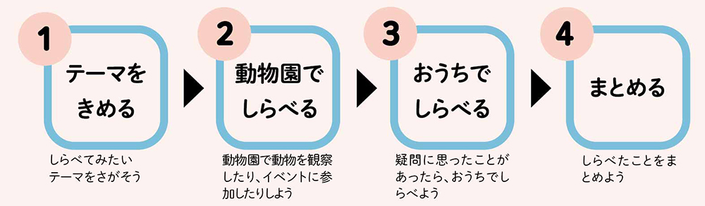 自由研究の流れ、1テーマをきめる、2動物園でしらべる、3おうちでしらべる、4まとめる