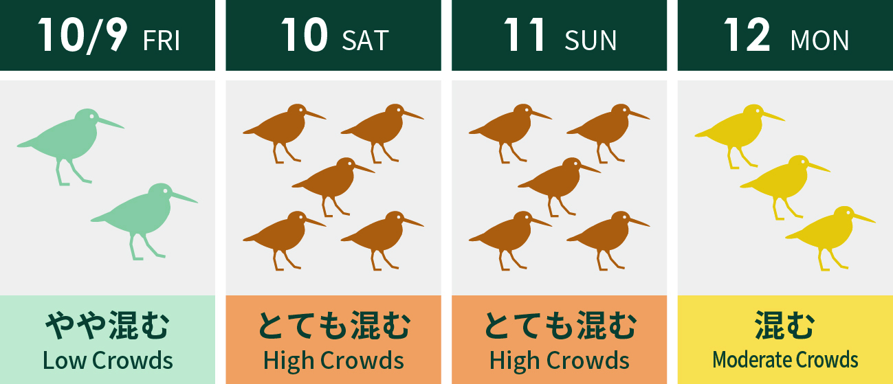 4日間の混雑度を現したイラスト。左から10月9日金曜日、10日土曜日、11日日曜日、12日月曜日。10月9日はやや混む、10月10日と11日はとても混む。10月12日は混む。混雑するほど鳥の数が増えるイラスト