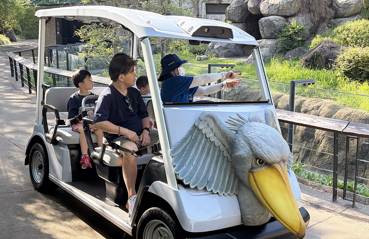 前面にハシビロコウの姿をかたどった4人乗りカート