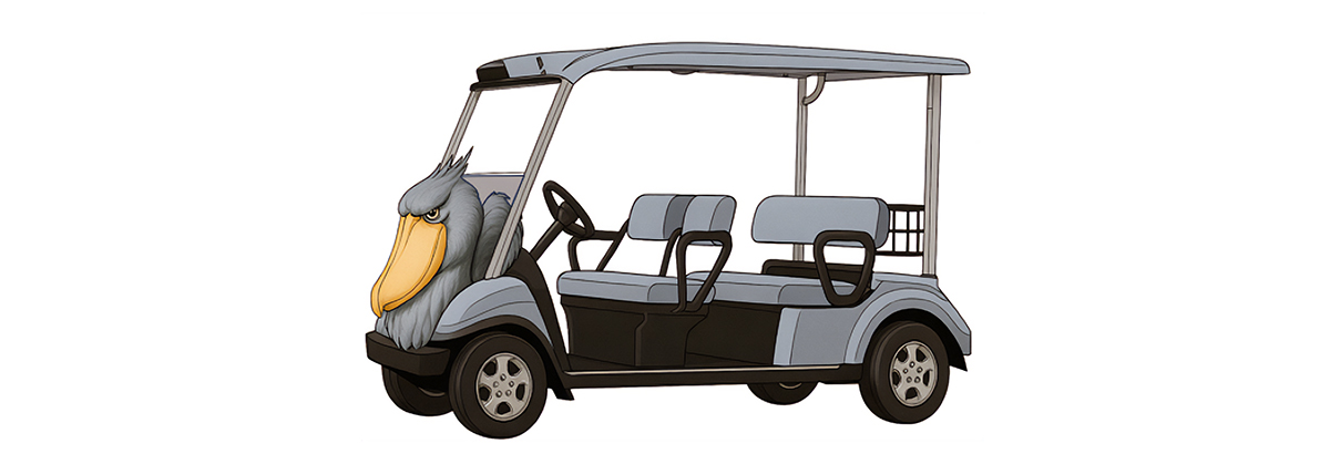 ゴルフカートのような車。車両前面はハシビロコウの頭部をかたどった立体デザイン。