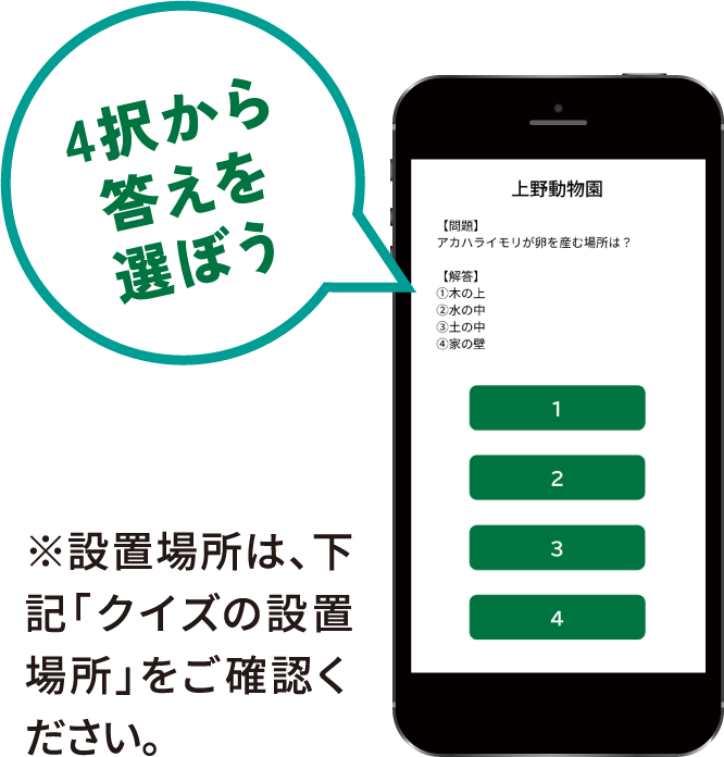 4択から答えを選ぼう ※各園には4か所のクイズスポット。設置場所は、特設サイトをご確認ください。